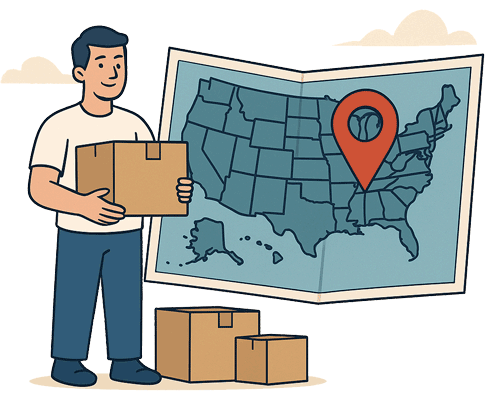 Drawing of man holding a moving a box looking at a USA state map representing moving state to state.