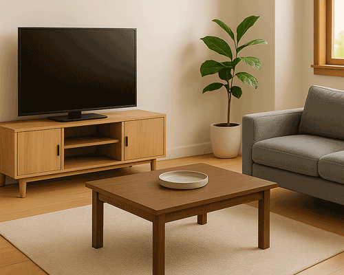 Image of TV set optimally spaced apart from sofa